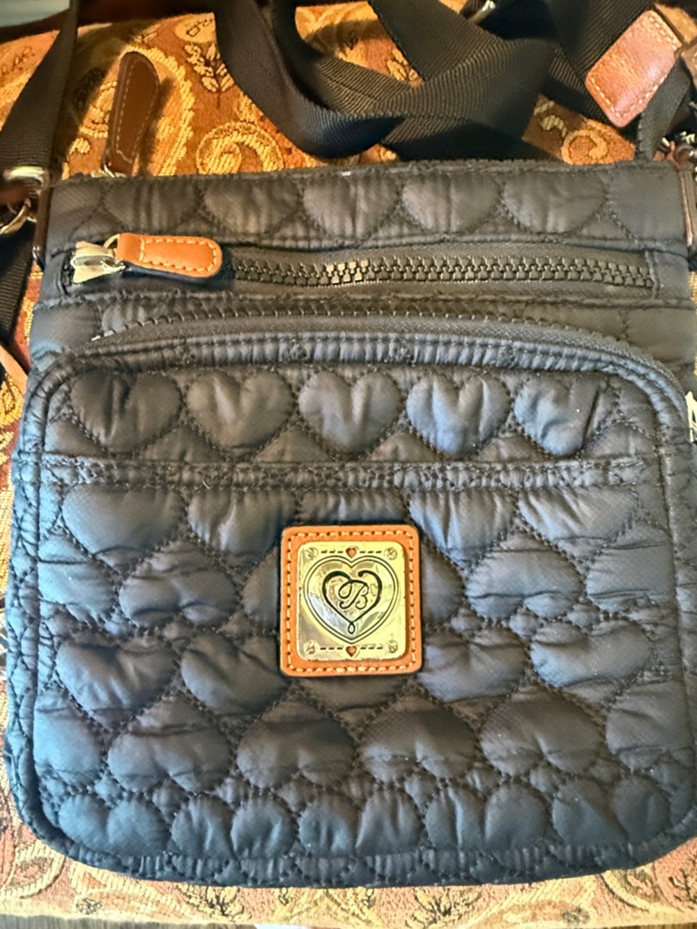 Brighton Kallista Messenger. Black Quilted Heart Crossbody with Tan Trim.